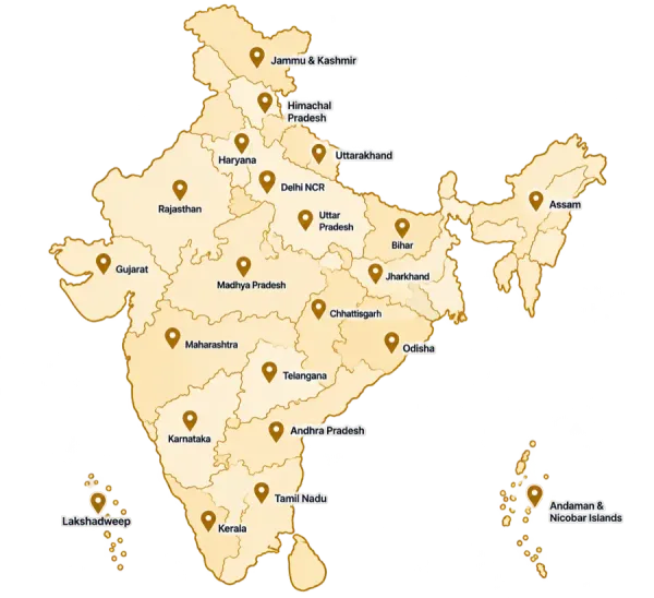 Map of India showing Rieka Elevators installation and service locations
