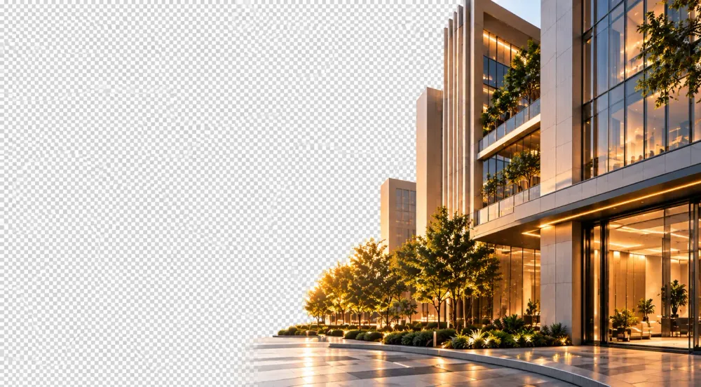 Modern Rieka Elevators commercial building at sunset